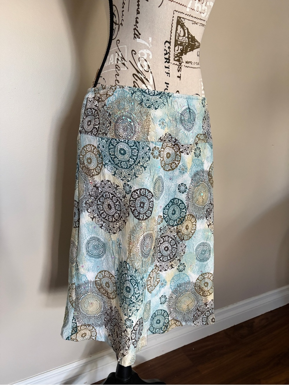 Y2K Blue Sequin Medallion Print Midi Skirt Boho Fairycore 2000s